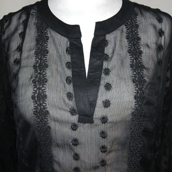 OLIVE AND OAK, BLACK SHEER, FLORAL EMBROIDED PEASANT TOP, SIZE MEDIUM - Picture 1 of 7